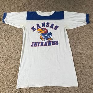 Vintage Kansas Jayhawks KU Ringer TShirt Mens Small White Blue NCAA College Tee